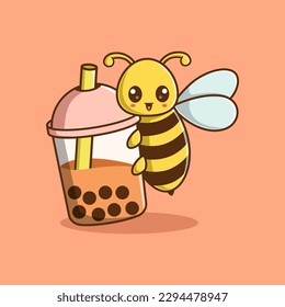 Vector Cute Bee Hanging On Bubble Tea Cartoon Character Illustration