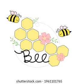 Vector - Cute Bee with honeycomb, pink flower and green leaves. Cartoon style. Can be use for print, sticker, logo, advertising.