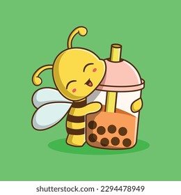 Vector Cute Bee Hugging Bubble Tea Cartoon Character Illustration