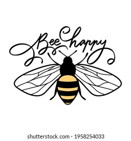 Vector cute bee illustration in flat style. Cartoon flying honey bee character isolated on white background. Buzzing insect. Funny and positive quote, pun or phrase. Bee happy.