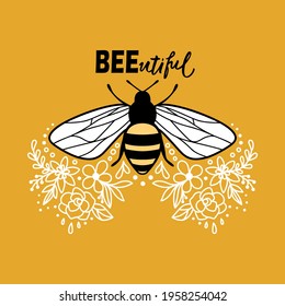 Vector cute bee illustration in flat style. Cartoon flying honey bee character isolated on yellow background. Buzzing insect. Funny and positive quote, pun or phrase.