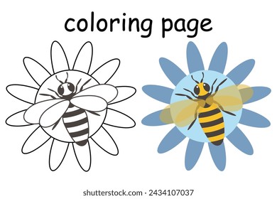 Vector Cute Bee on a blue flower Cartoon style illustration for coloring book