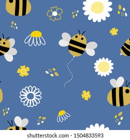 vector of cute bees and flowers seamless pattern. bee and floral Background.cartoon doodle of bee and line drawing flowers.