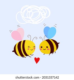 Vector Cute Bees in Love Isolated on White Background. Valentine Day Greeting Card. Cartoon Art.