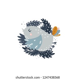 Vector cute bird Animal clipart Gender neutral print on white background with branches
