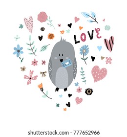Vector cute bird with doodle flowers and hearts isolated in heart shape. Great for Valentines Day design of greeting cards, invitations, banners etc.