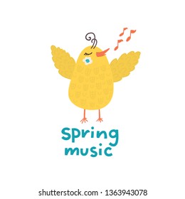 Vector cute bird with Spring music lettering isolated on white background. 