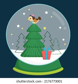 a vector of a cute bird and tree inside a snow globe