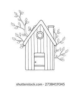 Vector cute birdhouse with door and chimney and branches with leaves. Graphic spring house, easter hand drawn illustration isolated on background. Botanical and clip art. For greeting card, wallpaper