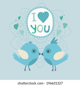 Vector cute birds in love with I love you art on abstract background