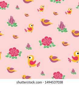 Vector cute birds and roses flowers seamless pattern background
