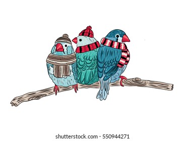 vector cute birds warm dressed and sitting on trees in winter season. EPS