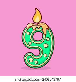 Vector cute Birthday candle in the shape of the number nine illustration cartoon doodle flat colorful line art vector design isolated object icon
