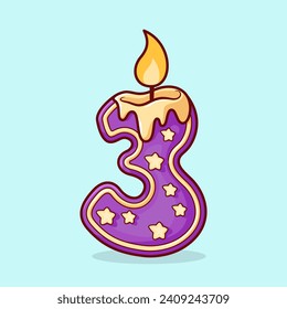 Vector cute Birthday candle in the shape of the number three illustration cartoon doodle flat colorful line art vector design isolated object icon