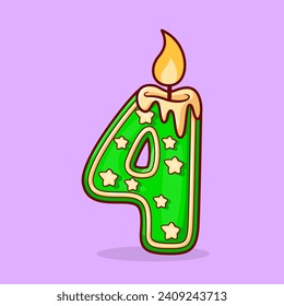 Vector cute Birthday candle in the shape of the number four illustration cartoon doodle flat colorful line art vector design isolated object icon