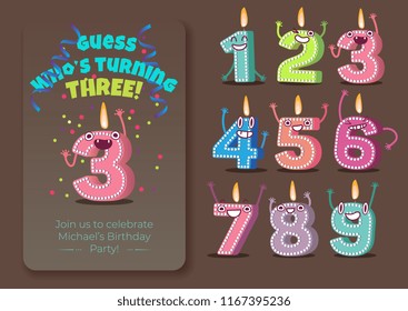 Vector cute birthday poster with candle number three 3 character with flame at his head dancing, guess whos turning three inscription, 1 to 9 numbers. Kids birthday holiday party background design