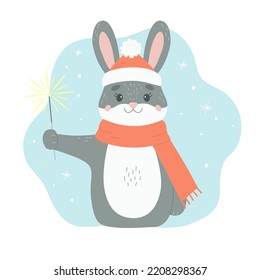 Vector cute black bunny in santa hat and scarf with bengal fire. Cartoon illustration of a symbol of chinese new year 2023. Rabbit for Merry Christmas greeting card for children