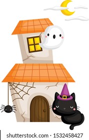 A Vector of Cute Black Cat In Front of a Ghost House under the Moonlight