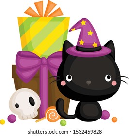 A Vector of Cute Black Cat Using Witch Hat in Front of Present Boxes