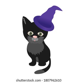 Vector of cute black kitten in withces hat.Halloween character