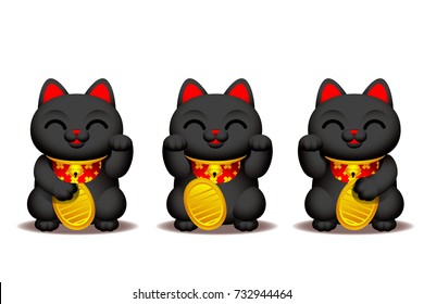 Vector cute black Maneki-neko, lucky cat character with golden coin isolated on white background.