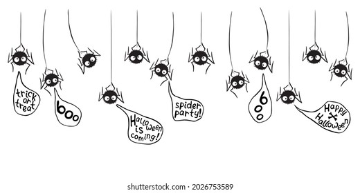 Vector cute black spiders hanging on web. Funny letterings in speech bubbles on Halloween theme. Hand drawn, isolated, seamless pattern of border. Background, decoration, divider or top edging