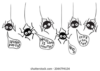 Vector cute black spiders hanging on web. Funny letterings in speech bubbles on Halloween theme. Hand drawn, isolated, seamless pattern of border. Background, decoration, divider or top edging