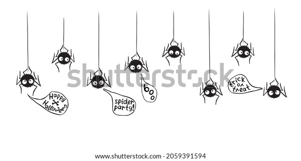 Vector cute black spiders hanging on web. Funny\
letterings in speech bubbles on Halloween theme. Hand drawn,\
isolated, seamless pattern of border. Background, decoration,\
divider or top edging