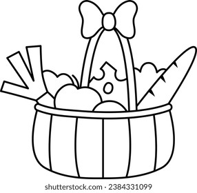 Vector lindo cesta blanca y negra con manzanas, baguette, vegetación, queso, hojas. Clipart de la línea de comida francesa. Graciosa página de ilustraciones o coloreado de compras en el mercado. Icono de cosecha de granjas
