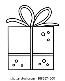 Vector lindo regalo de cumpleaños blanco y negro con arco. Gracioso regalo de b-day para tarjeta, afiche, diseño de impresión. Esbozar ilustración de vacaciones para niños. Icono de la línea de celebración alegre aislado en blanco