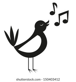 Vector Cute Black And White Cartoon Bird Singing