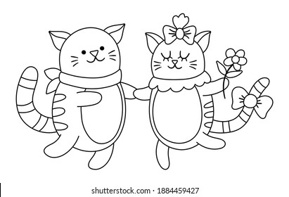 Vector cute black and white cats pair. Loving animal couple illustration. Love relationship or family concept. Hugging kittens isolated on white background. Funny Valentine’s day line characters.
