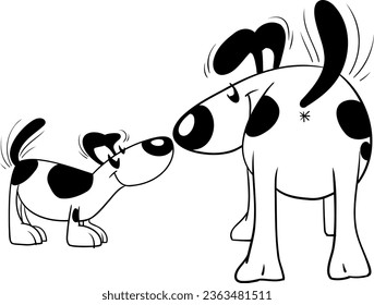 Vector of cute black and white dog and his puppy sniffing each other and wagging their tail with a big smile side view very cute and happy