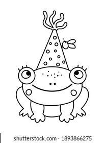 Vector cute black and white frog in birthday hat. Funny b-day animal for card, poster, print design. Outline holiday illustration for kids. Cheerful celebration character line icon