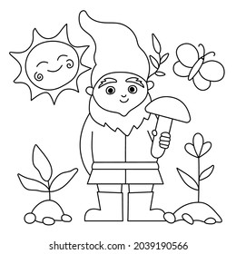 Vector cute black and white garden gnome. Funny outline dwarf with mushroom, sun, baby plants. Traditional gardening leprechaun sculpture line icon
