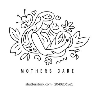Vector Cute Black and White Logotype Mother Holding Baby in Arms with Flower. Line Art Style Design of Creative Logo Love Mothers with Child Care on White Background with Text