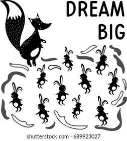 Vector cute black and white motivational postcard banner with foxes and hare doodles great opportunities