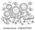 Vector cute black and white outlines happy cheeky smiley flowers horizontal with mushroom illustration. Great coloring page for kids.