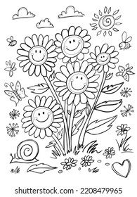 Vector cute black and white outlines happy daisy portrait with snail and butterflies illustration. Great colouring activity for kids.