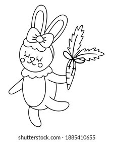 Vector cute black and white rabbit girl with carrot. Dancing woodland animal illustration. Romantic bunny isolated on white background. Funny Easter line character icon or coloring page.
