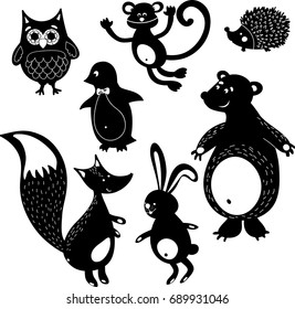 Vector cute black and white set of animals doodle