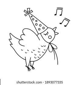 Vector lindo pollo de canto blanco y negro con sombrero de cumpleaños. Un extraño pájaro volador de b-day para tarjeta, afiche, diseño de impresión. Ilustración de vacaciones para niños. Icono de la línea de caracteres de celebración alegre