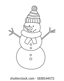 Vector cute black and white snowman in hat and scarf isolated on white background. Cute winter character illustration. Funny Christmas or New Year line icon. 
