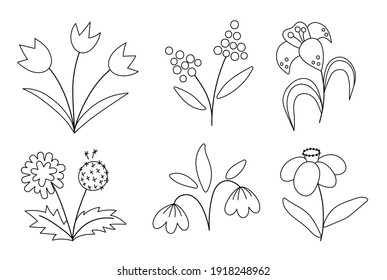 Vector cute black and white spring flowers icons set. First blooming plants outline illustration. Floral clip art collection or coloring page. Tulips, dandelion, snowdrop, isolated on white background