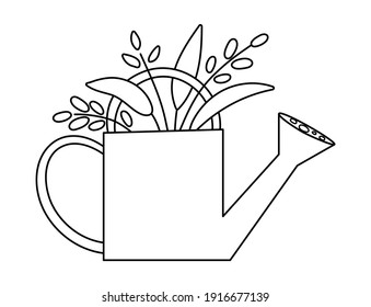 Vector cute black and white watering can with plants icon isolated on white background. Outline spring garden tool illustration. Funny gardening equipment picture or coloring page for kids