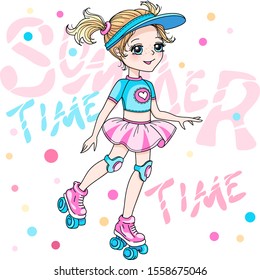 Vector cute blond baby girl in skirt rollerblading