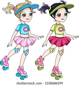 Vector cute blond and brunette baby girls in skirt rollerblading