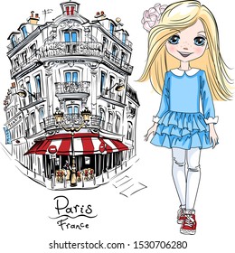 Vector cute blond girl in blue dress and sneakers in Paris, France