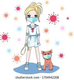 Vector cute blond girl walking a dog during coronavirus COVID-19 quarantine. Girl and dog in in protective masks.