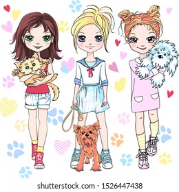 Vector cute blond and redhead girls with their pets, kitten and puppy dogs